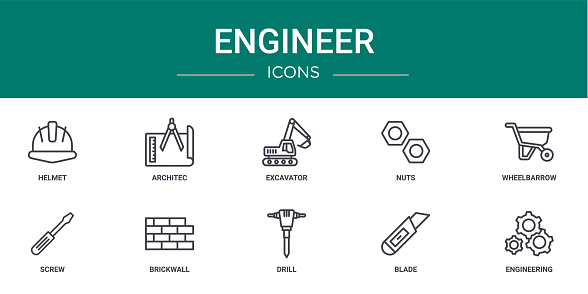 set of 10 outline web engineer icons such as helmet, architec, excavator, nuts, wheelbarrow, screw, brickwall vector icons for report, presentation, diagram, web design, mobile app