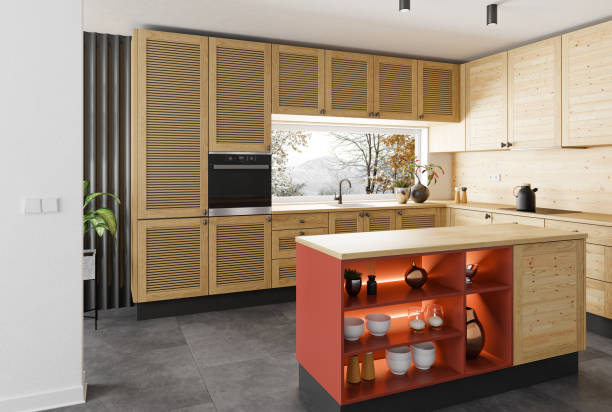 istock Modern Scandinavian kitchen with island. Natural wooden cabinets. 1481786748