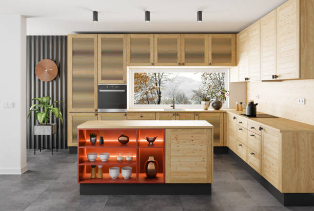 istock Modern Scandinavian kitchen with island. Natural wooden cabinets. 1481786768