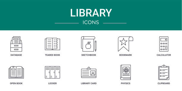 set of 10 outline web library icons such as database, teared book, sketchbook, bookmark, calculator, open book, locker vector icons for report, presentation, diagram, web design, mobile app set of 10 outline web library icons such as database, teared book, sketchbook, bookmark, calculator, open book, locker vector icons for report, presentation, diagram, web design, mobile app teared stock illustrations