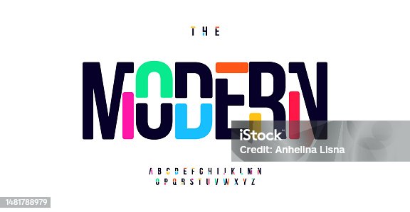 istock Modern color alphabet, rudiments puzzle letters, colorful stencil font for bright toy logo, game headline, creative rainbow typography, bold condensed text. Vector typographic design 1481788979