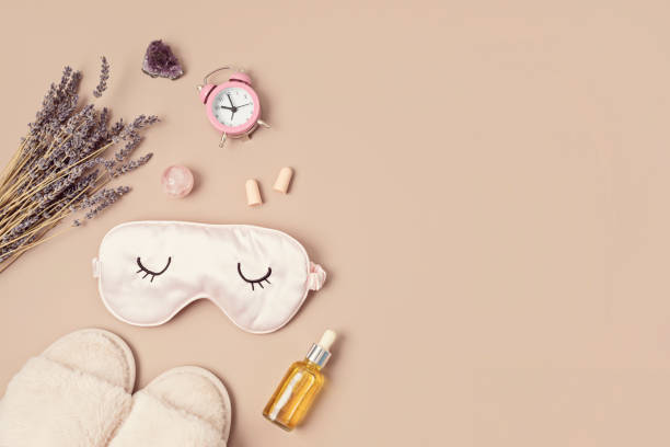 Healing chakra crystals, lavender and sleeping mask. Improving sleep quality with gemstones. Natural treatment of insomnia