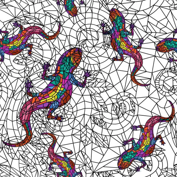 Vector illustration of Seamless pattern with lizards in mosaic style. Stained glass with lizards endless design