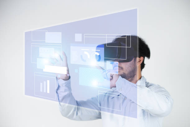istock Businessman using virtual reality headset against white background with vignette 1481789665