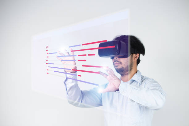istock Businessman using virtual reality headset against white background with vignette 1481789675
