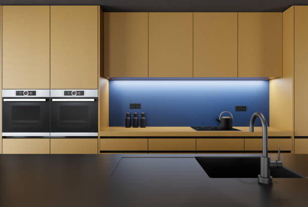 istock Golden yellow and blue Modern minimalist kitchen with long island with stools. Matte materials. 1481789942