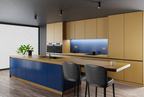 istock Golden yellow and blue Modern minimalist kitchen with long island with stools. Matte materials. 1481789945