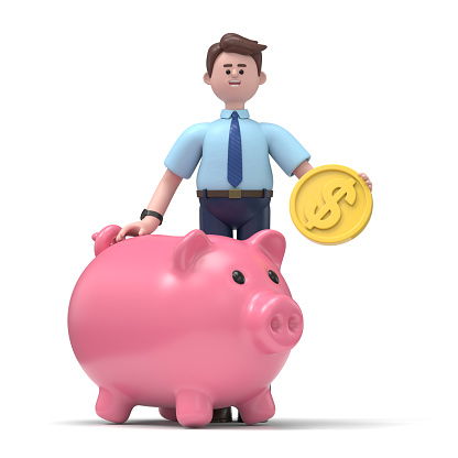 3D illustration of smiling Asian man Felix with Piggy Bank and Golden Dollar Coin. 3D rendering on white background.