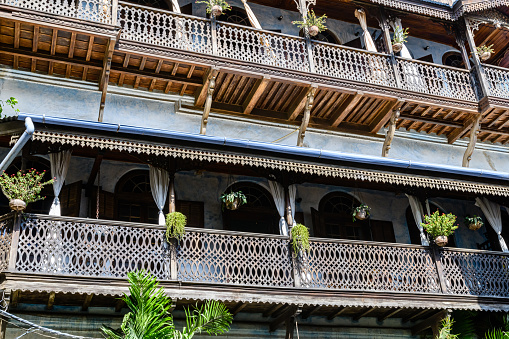 Wooden balkony on old house in Stone town in Zanzibar, Tanzania