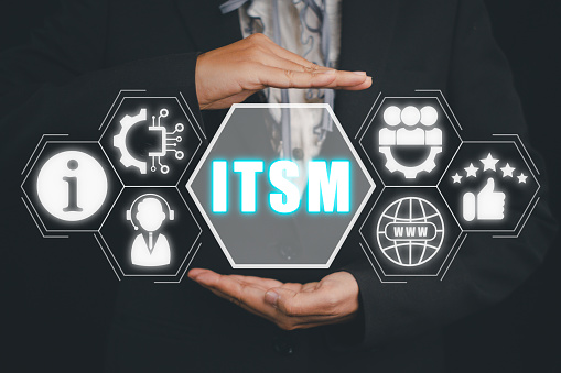 ITSM, information technology service management concept, Business person hand holding information technology service management icon on virtual screen.