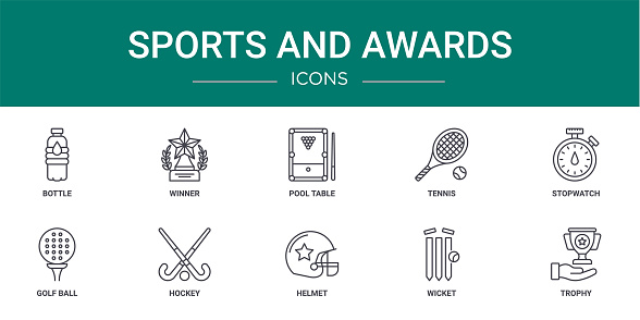 set of 10 outline web sports and awards icons such as bottle, winner, pool table, tennis, stopwatch, golf ball, hockey vector icons for report, presentation, diagram, web design, mobile app