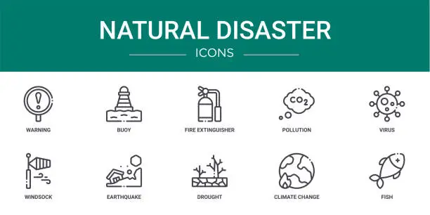 Vector illustration of set of 10 outline web natural disaster icons such as warning, buoy, fire extinguisher, pollution, virus, windsock, earthquake vector icons for report, presentation, diagram, web design, mobile app