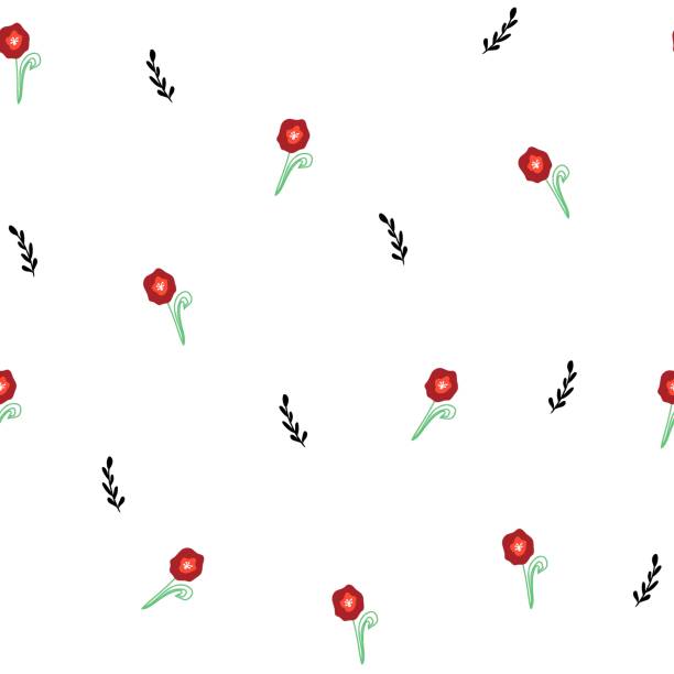 nahtloses muster mit mohnblume und abstrakter pflanze auf weißem hintergrund. botanische illustration für cover-design, wohnkultur, einladungskarte, frühlingstextur für textil- und stoffdesign. - red pattern poppy plant stock-grafiken, -clipart, -cartoons und -symbole