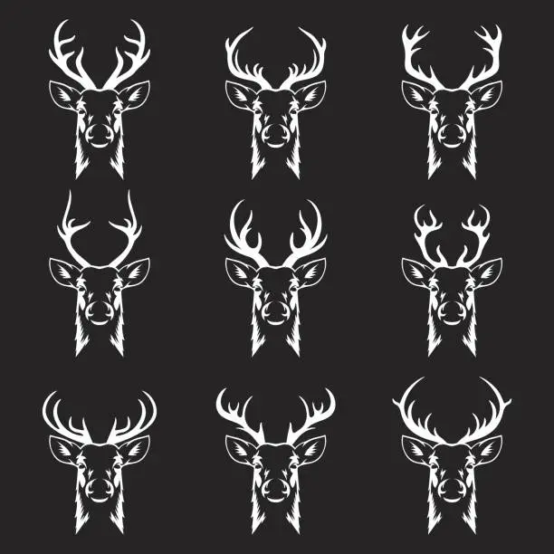 Vector illustration of Vector Reindeer Horns, Antlers. Deer Horn Silhouettes. Hand Drawn Deers Horn, Antler Set. Animal Antler Collection. Design Elements of Deer. Wildlife Hunters, Hipster, Christmas and New Year concept