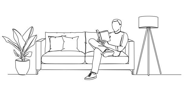 single line drawing of man sitting on sofa reading a book continuous single line drawing of man sitting on sofa reading a book, line art vector illustration man sitting alone drawing stock illustrations