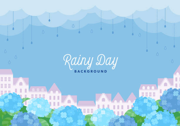 illustrazioni stock, clip art, cartoni animati e icone di tendenza di scenario di paesaggio urbano piovoso e ortensia - stagione delle piogge