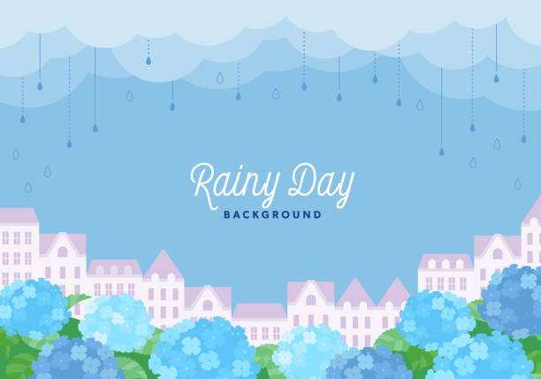 Scenery of rainy cityscape and hydrangea Scenery of rainy cityscape and hydrangea rainy season stock illustrations