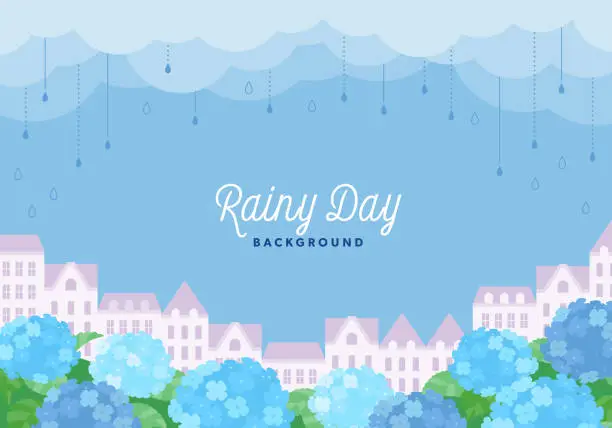 Vector illustration of Scenery of rainy cityscape and hydrangea