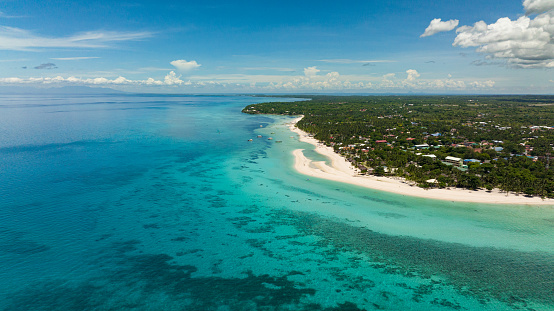 Aerial view of tropical island with a beautiful beach. Kota Beach. Bantayan island, Philippines.