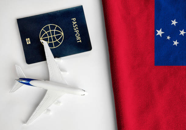 istock Flag of Samoa with passport and toy airplane. 1481812759