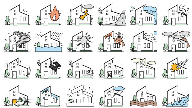 ilustrações de stock, clip art, desenhos animados e ícones de a simple house icon set that is easy to use for compensation such as fire insurance and encounters troubles and natural disasters - bomb exploding vector problems