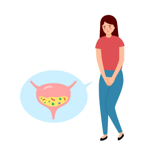 Woman with bladder infection disease in flat design on white background. vector art illustration