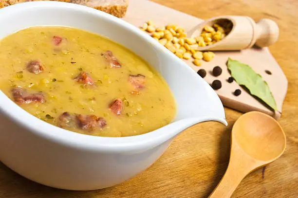 Traditional fresh pea soup in the bowl