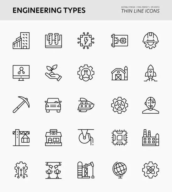 Vector illustration of Engineering Types Editable Stroke Icons