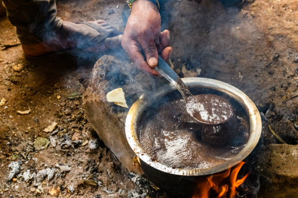 Preparing coffee in Chagga tribe near the Moshi town stock photo