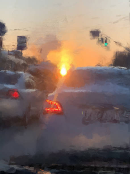carros estão esperando no semáforo no fundo do pôr do sol - oil painting flash - fotografias e filmes do acervo