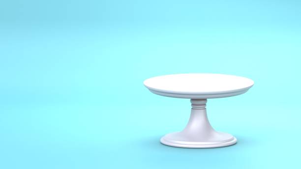 istock White cake stand 3d render on blue background. Empty dessert platter for birthday dishes. Plate tray podium for party. 1481818346