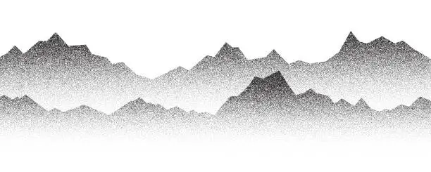 Vector illustration of Dotted mountain gradient background. Noisy stippled grainy texture. Abstract rocks landscape with peaks with sand effect. Vector halftone fade illustration