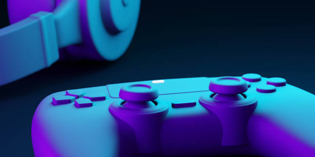 istock Gamepad and headphones with copy space 3D render 1481818404