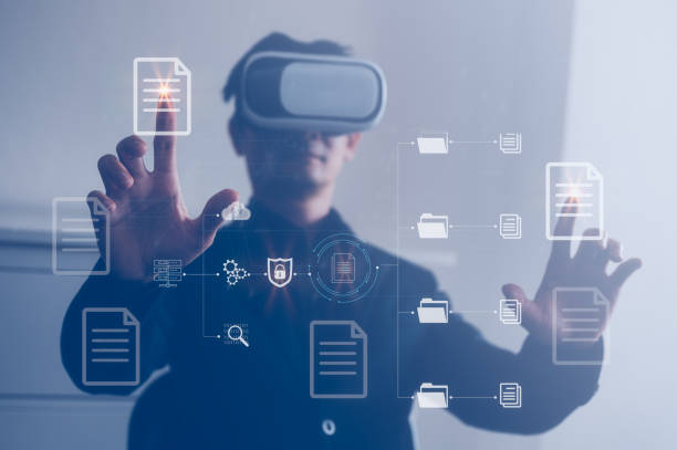 istock digital technology internet connection, man wearing VR glasses working with virtual Global Internet connection metaverse, Document Management System, online documentation database icons 1481819180