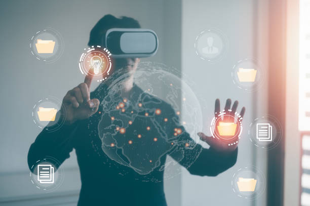 istock digital technology internet connection, man wearing VR glasses working with virtual Global Internet connection metaverse, Document Management System, online documentation database icons 1481819293