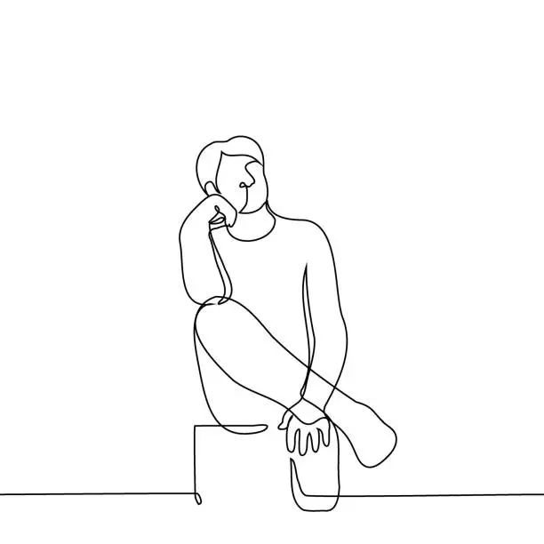 Vector illustration of man sits on a stool with his legs crossed and resting his elbow on his knee props his head - one line drawing vector. concept thinker