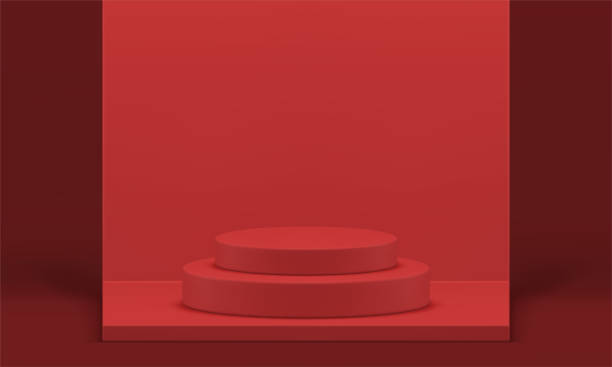 istock Red 3d podium cylinder platform lever stairs for product promo presentation design realistic vector 1481824483