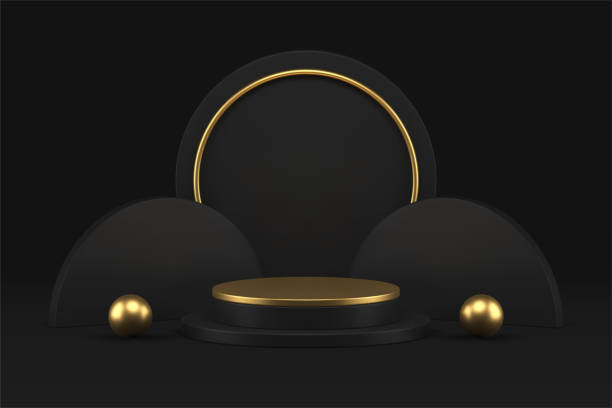 istock Black 3d podium golden foundation platform for product premium advertising realistic vector 1481824739