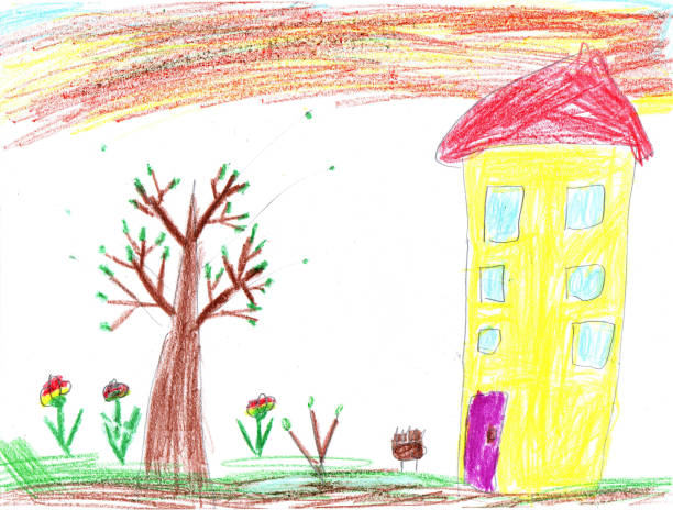 家族の家の子供の絵。子供っぽいスタイルの鉛筆画 - child art childs drawing painted image点のイラスト素材／クリップアート素材／マンガ素材／アイコン素材