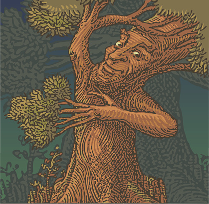Fantasy illustration of treeman smiling at you hoping that you'll be friendly too. Rendered as a woodcut illustration style in CMYK vector format.