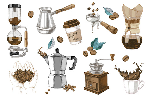 Hand drawn colorful coffee making icons set. Vector illustration in retro style.