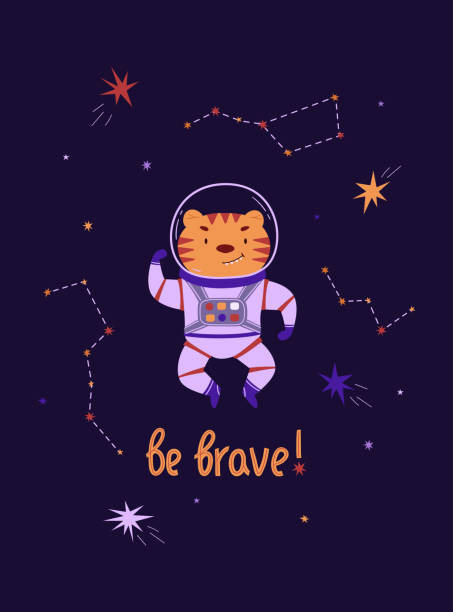 istock Cute space poster vector illustration. Brave tiger astronaut in outer space, cartoon animal. Be brave lettering. Ideal for kids concepts 1481828106