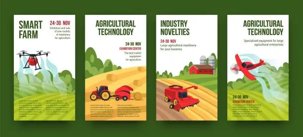 Vector illustration of Agriculture covers. Farm harvest. Smart agro tractor. Agricultural landscape. Combine and drone. Irrigate plane. Future equipment in agri innovation industry. Vector poster templates set