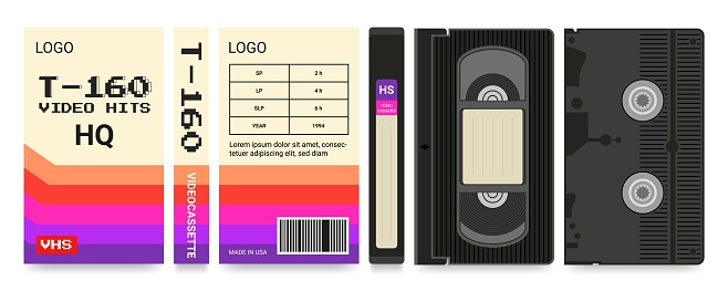 Movie cassette label. Beta box. 1980s old design camera technology. Black layout. Music radio recorder. VHS packaging design. Magnetic videotape. Retro film videocassette. Vector cartoon illustration
