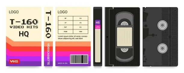 Vector illustration of Movie cassette label. Beta box. 1980s old design camera technology. Black layout. Music recorder. VHS packaging design. Magnetic videotape. Retro videocassette. Vector cartoon illustration