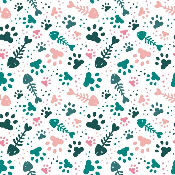 Vector illustration of Cat paw, fish skeleton doodle style pattern. Cute halloween scarf or tile, animal and sea nature, wildlife silhouettes. Decor textile, wrapping paper. Vector seamless wallpaper