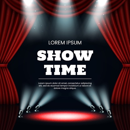 Broadway theater curtains. Award show. Stage red drapery and spotlights. Movie night or showtime. Casino lights. Cinema event. Illuminated circle. Presentation banner template. Vector retro background