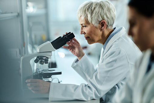 Senior female scientist working on a research through a microscope in laboratory.