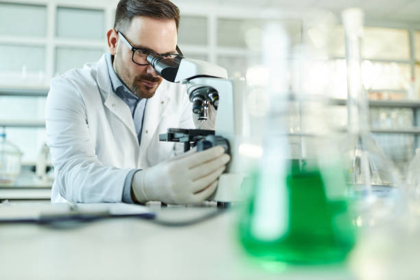 istock Young male chemist examining medical sample through a microscope in laboratory. 1481830769