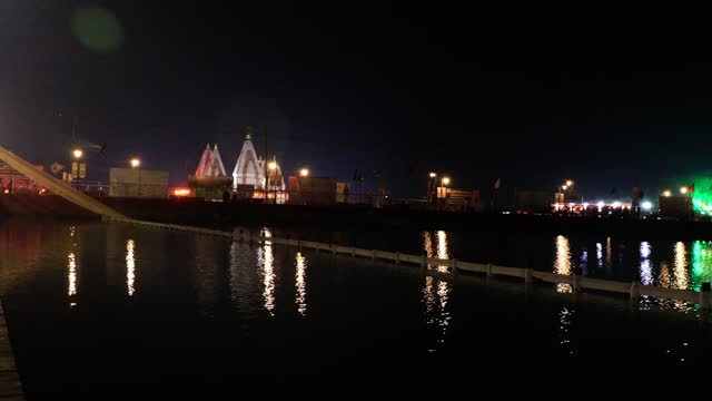 Hindu temple in the holy pond at night, Kurukshetra, Haryana